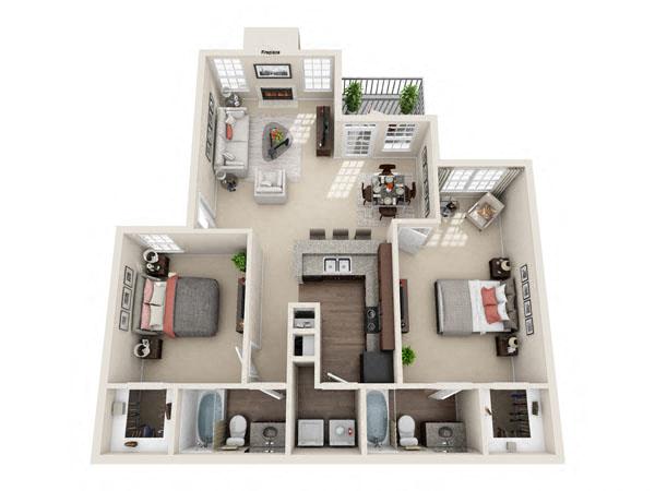 Floor plan for 2 beds, 2 baths, 1093 sqft