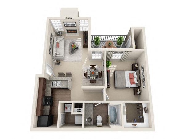 Floor plan for 1 bed, 1 bath, 696 sqft
