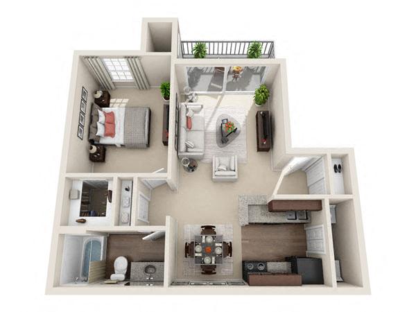 Floor plan for 1 bed, 1 bath, 659 sqft