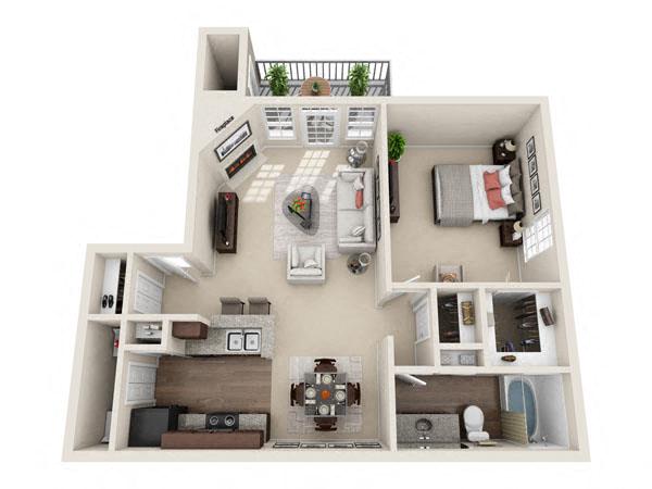 Floor plan for 1 bed, 1 bath, 752 sqft