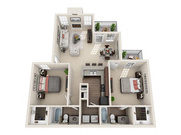 Floor plan for 2 beds, 2 baths, 1014 sqft