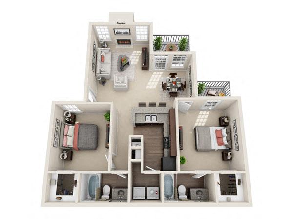 Floor plan for 2 beds, 2 baths, 1050 sqft
