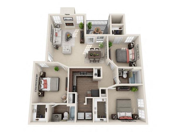 Floor plan for 3 beds, 2 baths, 1180 sqft