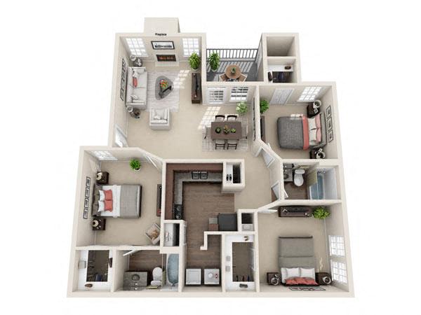 Floor plan for 3 beds, 2 baths, 1218 sqft