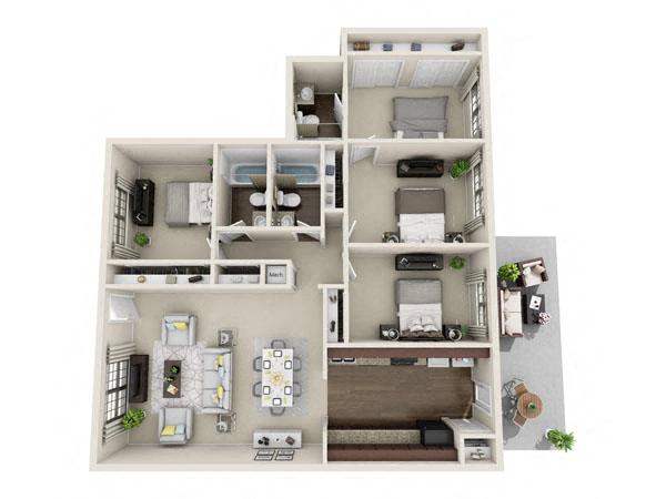 Floor plan for 4 beds, 3 baths, 1600 sqft