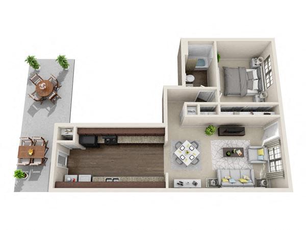 Floor plan for 1 bed, 1 bath, 810 sqft