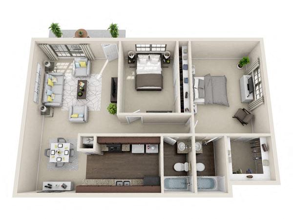 Floor plan for 2 beds, 2 baths, 1000 sqft