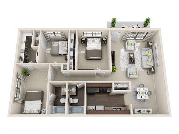 Floor plan for 3 beds, 2 baths, 1231 sqft