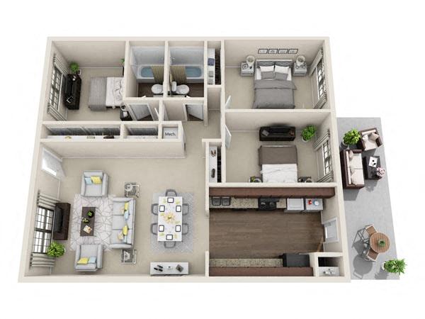 Floor plan for 3 beds, 2 baths, 1231 sqft