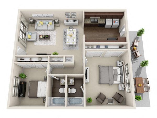 Floor plan for 2 beds, 2 baths, 1070 sqft