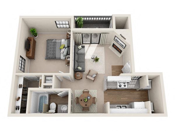 Floor plan for 1 bed, 1 bath, 699 sqft