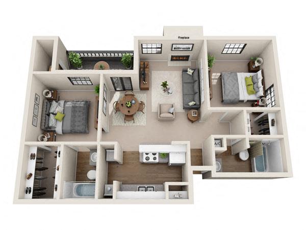 Floor plan for 2 beds, 2 baths, 972 sqft