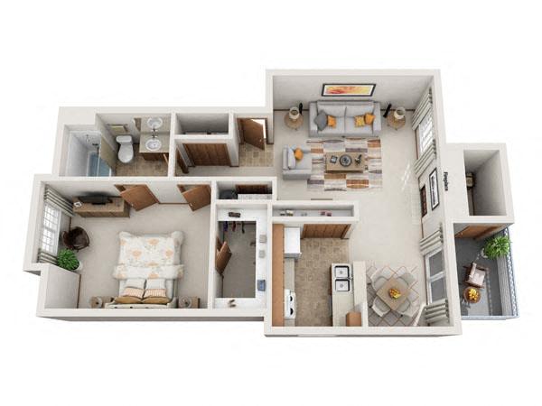 Floor plan for 1 bed, 1 bath, 777 sqft