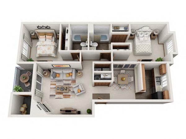 Floor plan for 2 beds, 2 baths, 1101 sqft