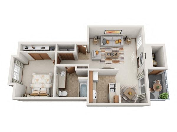 Floor plan for 1 bed, 1 bath, 750 sqft