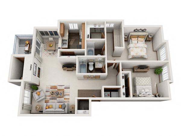 Floor plan for 2 beds, 2 baths, 980 sqft