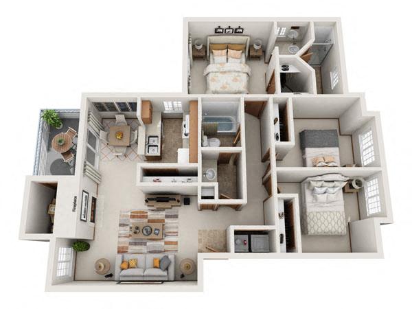 Floor plan for 3 beds, 2 baths, 1145 sqft
