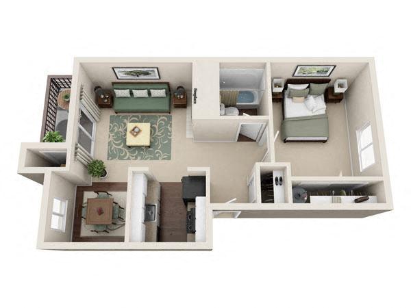 Floor plan for 1 bed, 1 bath, 720 sqft