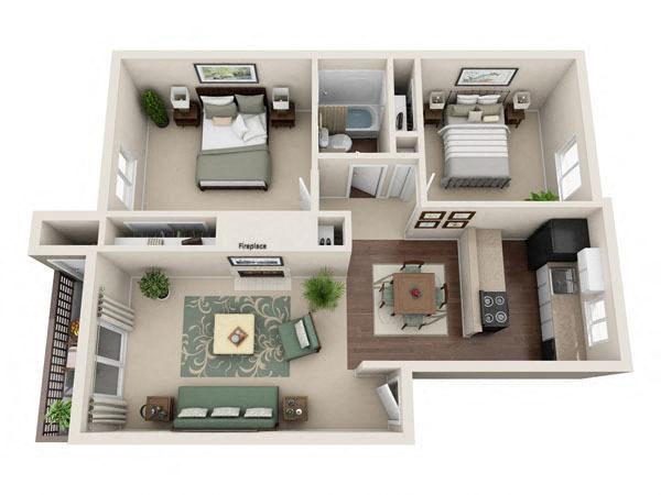 Floor plan for 2 beds, 1 bath, 850 sqft