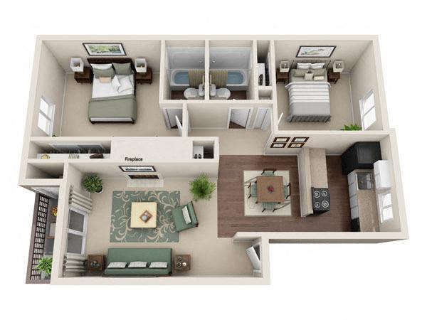 Floor plan for 2 beds, 2 baths, 1000 sqft
