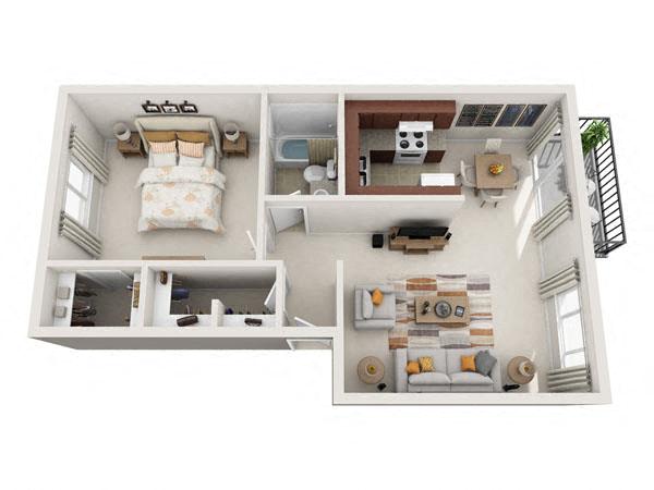 Floor plan for 1 bed, 1 bath, 696 sqft
