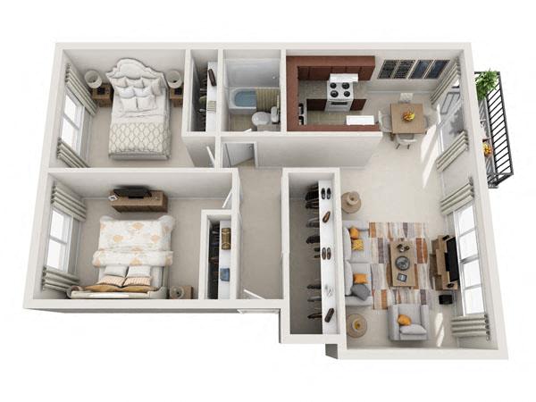 Floor plan for 2 beds, 1 bath, 850 sqft