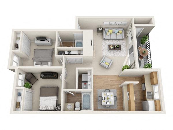 Floor plan for 2 beds, 2 baths, 946 sqft