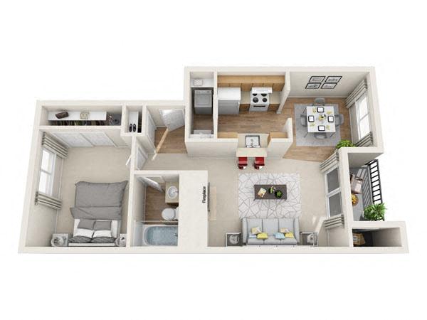 Floor plan for 1 bed, 1 bath, 666 sqft