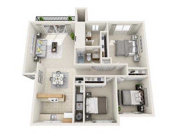 Floor plan for 3 beds, 2 baths, 1097 sqft