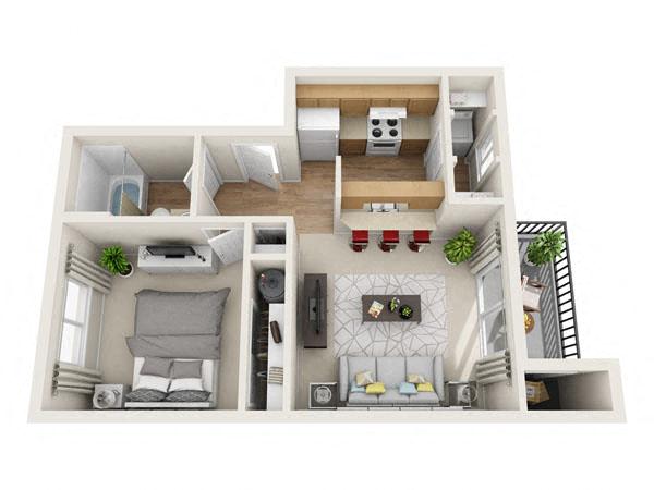 Floor plan for 1 bed, 1 bath, 513 sqft