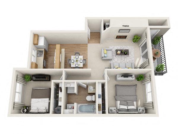 Floor plan for 2 beds, 1 bath, 837 sqft