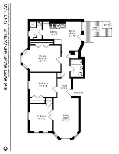 Floor plan for 3 beds, 2 baths