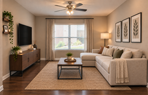 Kaufman apartment for rent - A living room with a white couch, a coffee table, and a ceiling fan.