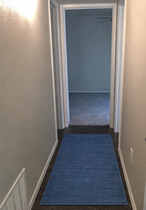 Kaufman apartment for rent - A hallway with a blue carpet and a white door.
