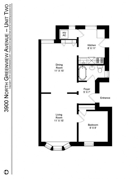 Floor plan for 1 bed, 1 bath
