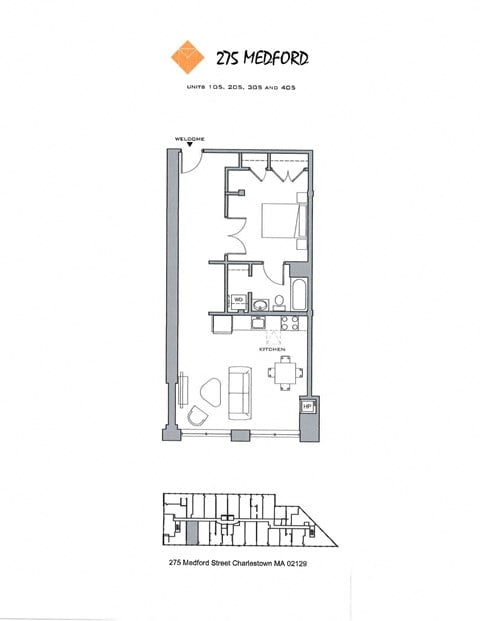 Floor plan for 1 bed, 1 bath, 837 sqft