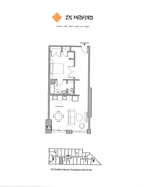 Floor plan for 1 bed, 1 bath, 824 sqft