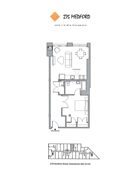 Floor plan for 1 bed, 1 bath, 825 sqft