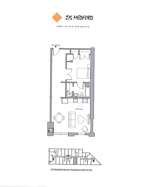 Floor plan for 1 bed, 1 bath, 835 sqft