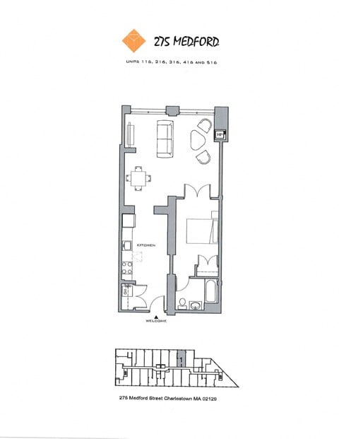 Floor plan for 1 bed, 1 bath, 851 sqft