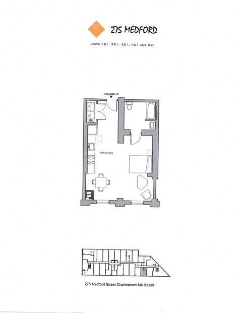 Floor plan for studio, 1 bath, 631 sqft