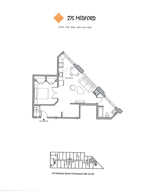 Floor plan for 1 bed, 1 bath, 634 sqft