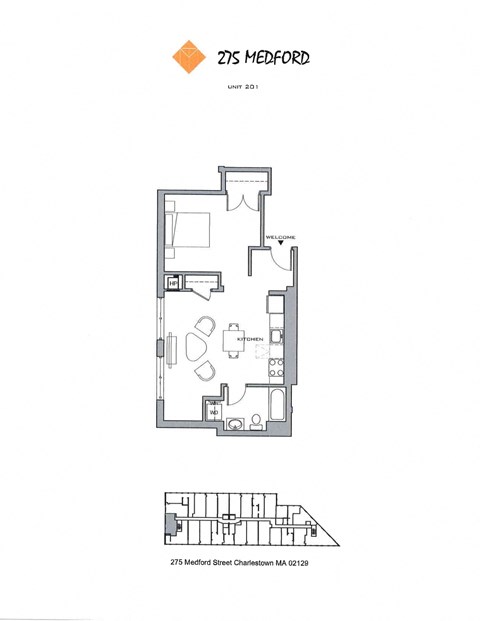 Floor plan for 1 bed, 1 bath, 692 sqft