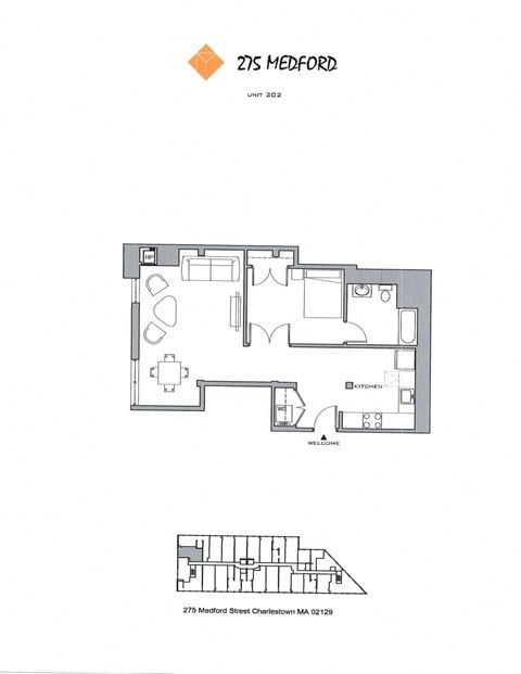 Floor plan for 1 bed, 1 bath, 796 sqft