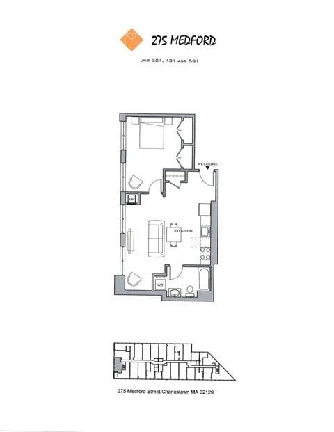 Floor plan for 1 bed, 1 bath, 692 sqft