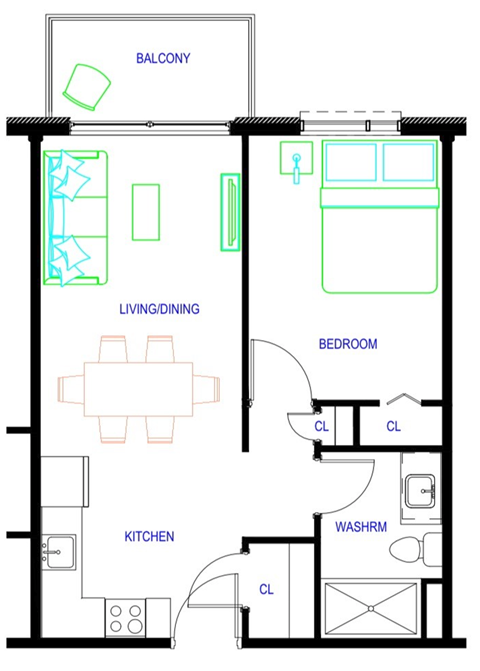 Floor plan for 1 bed, 1 bath, 580 sqft