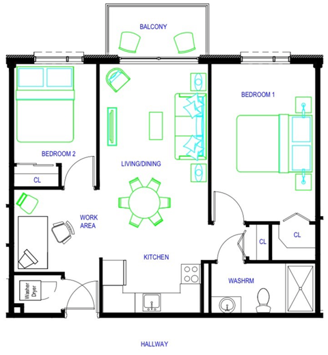Floor plan for 2 beds, 1 bath, 759 sqft