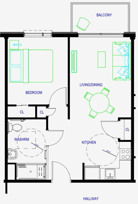 Floor plan for 1 bed, 1 bath, 567 sqft