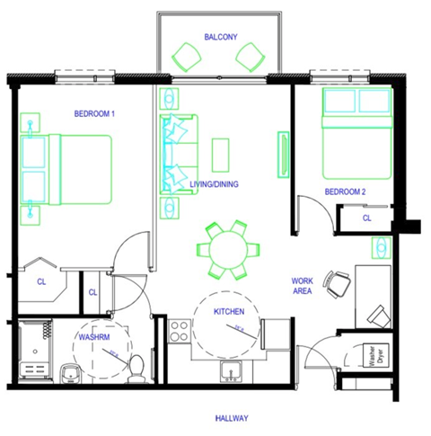 Floor plan for 2 beds, 1 bath, 783 sqft