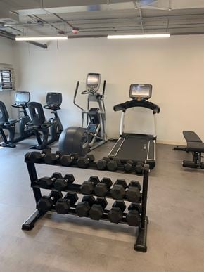 Belleville apartment for rent - A gym with a row of dumbbells in the foreground.